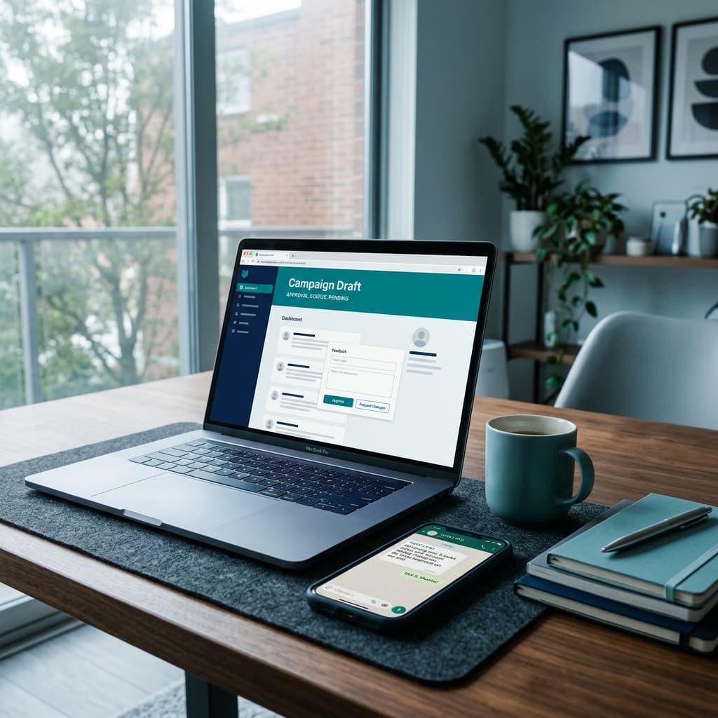 TruBridge desk — Aira drafting a campaign on a calm SeaBlue workspace